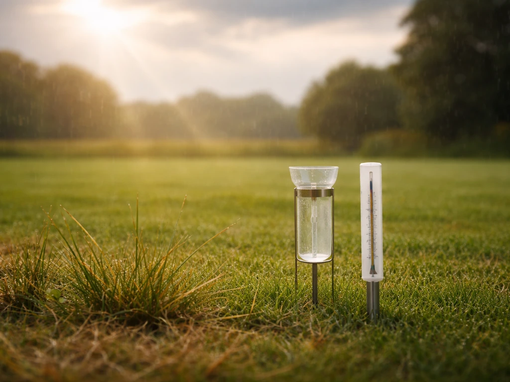 Gazonsproeier-achtig gazon met zon en regenindicaties naast een stille tijdsinschatting in de buitenlucht