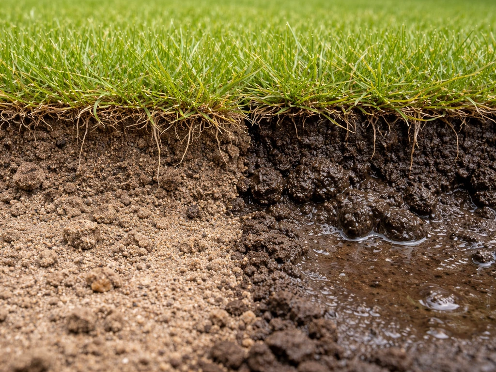 Zand en klei naast een gazonstrook direct na regen: zand oogt droger, klei blijft langer vochtig.