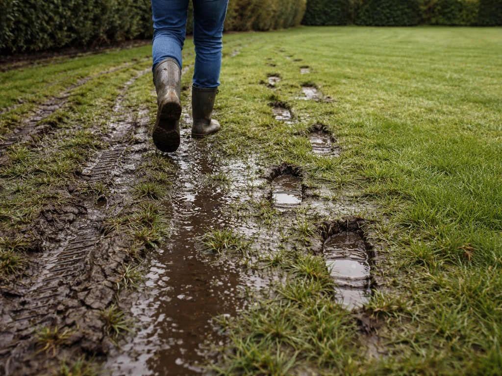 Nat gazon met duidelijke voet- en bandensporen, naast een droger deel zonder sporen.