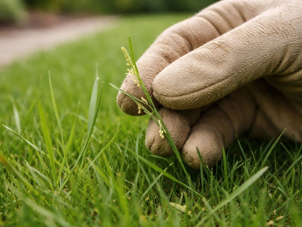 Close-up van smalle grassprieten en pollen op een gazon terwijl een tuinhulp ze voorzichtig aanraakt