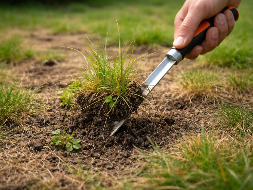 Hand steekt pollen en losse planten uit met een stoeprandsteker in een beschadigde grasplek