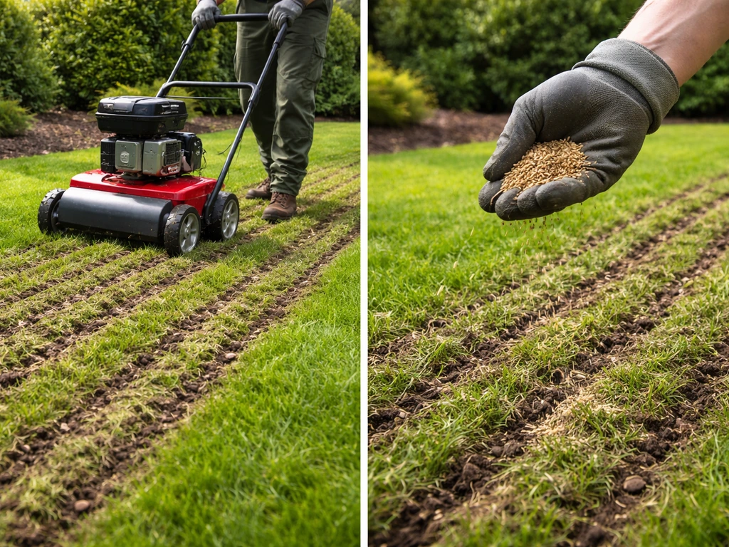 Beluchter/verticuteermachine maakt sleuven in het gras, terwijl direct daarna doorzaad wordt gestrooid.