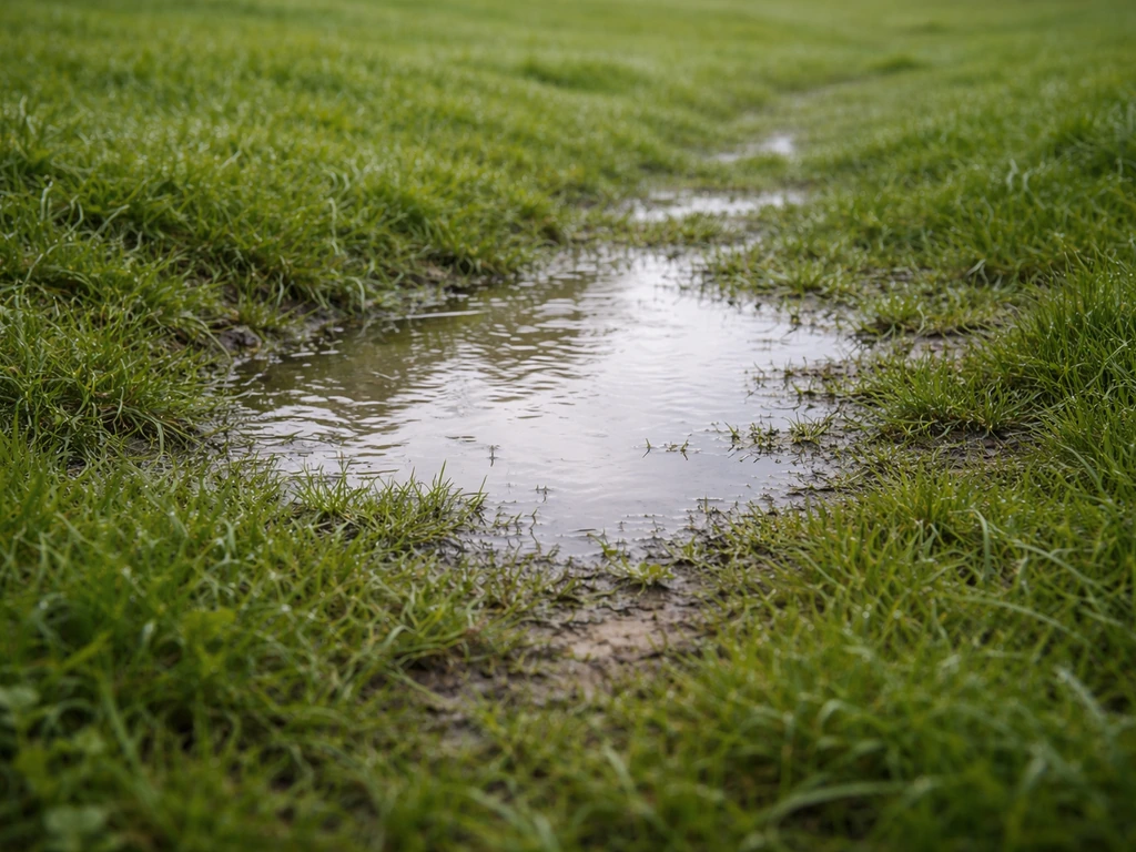 Regenwater dat na een bui op een gazonstrook blijft staan bij verdichte grond