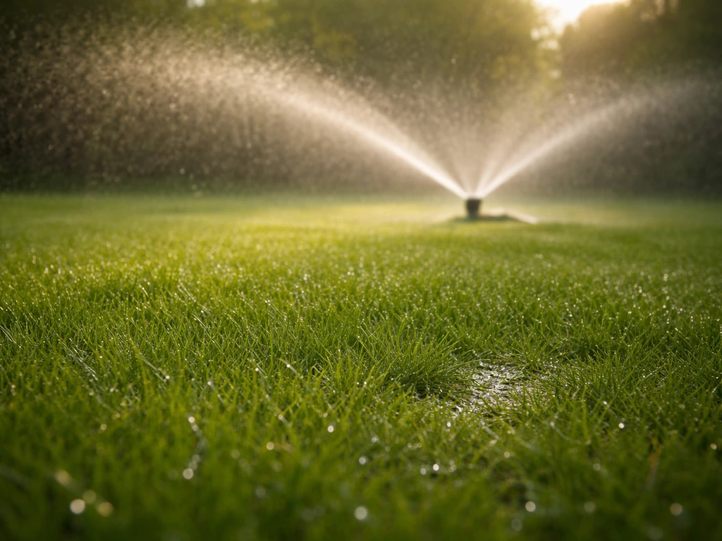 Vroege ochtend: sproeiwater uit een sprinkler en een duidelijk bevochtigde grasmat in de tuin.