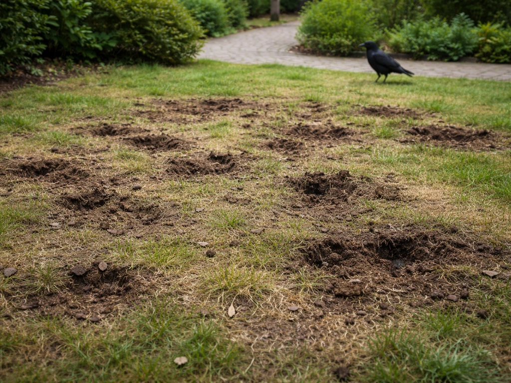 Beschadigd gazon met open grond en kleine kuiltjes, op de achtergrond een kraai bij de plek.
