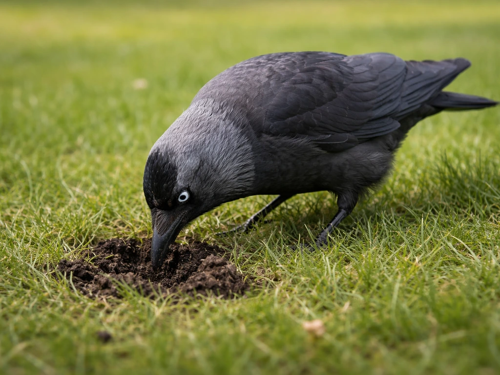 Kauw op een gazon die met de snavel in het gras wroet, kleine kuiltjes en open plekjes zichtbaar.