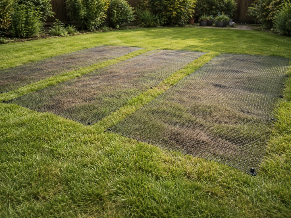 Fijnmazig tuinnet over aangetaste plekken op een grasveld, tijdelijk als schadebeperking