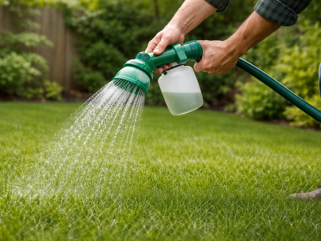 Hand met gieterystemen die biologische nematoden met water over de grasmat uitbrengt in de tuin.