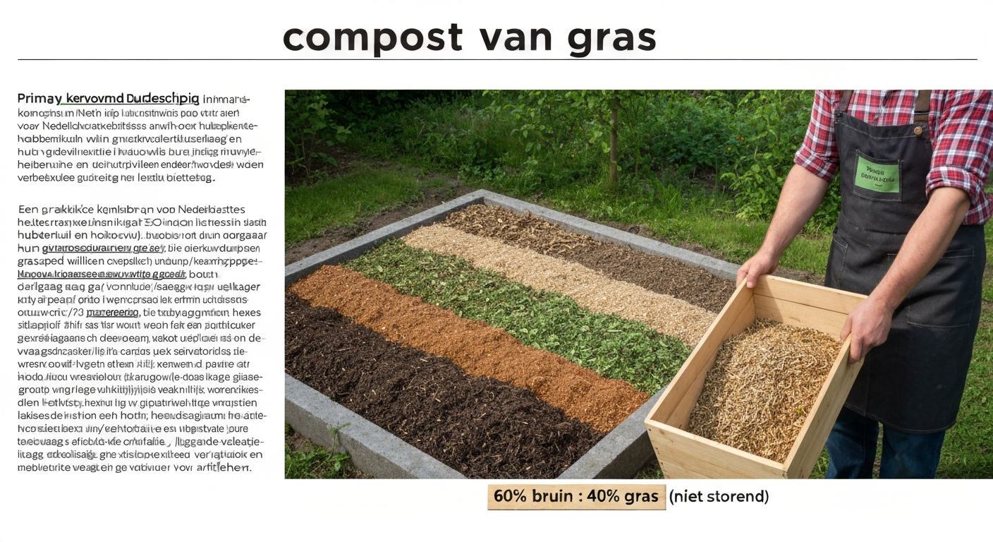 Composthoop met zichtbare laagopbouw (bruin materiaal en gras) en tuinier die gras toevoegt; bordje met 60% bruin : 40% gras.