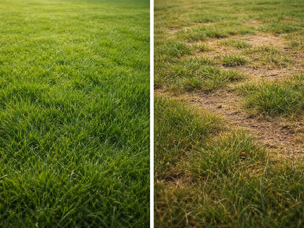 Linker helft: groen gazon met gezonde groei; rechter helft: licht vergeeld gazon met bruine plekken
