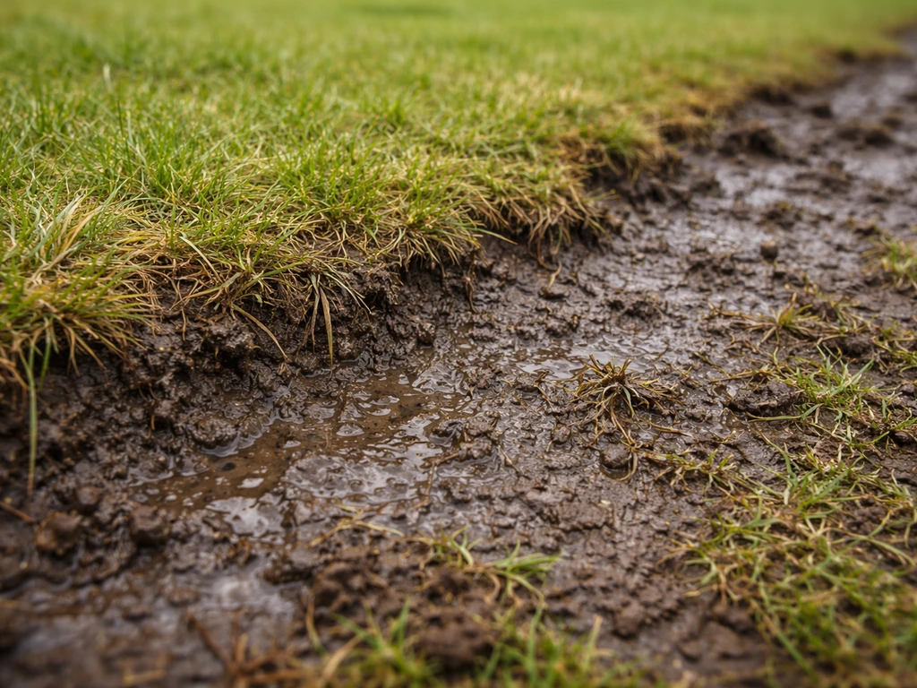 Close-up van een grasmat met verslempte en verdichte, vochtige bodem tussen het gras.
