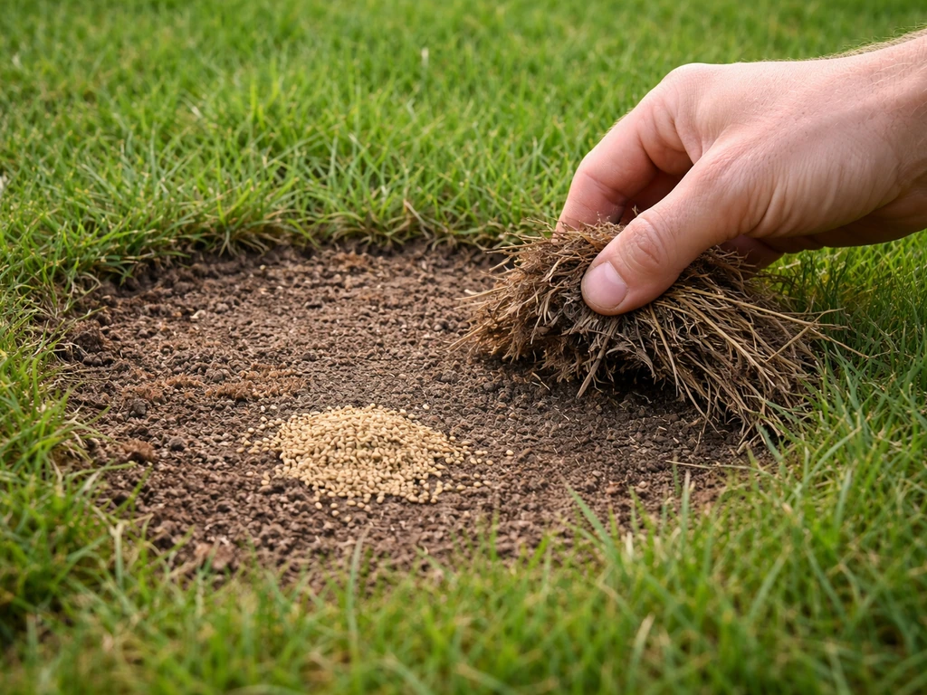 Hand die afgestorven grasresten van kale plek verwijdert na azijnspatten, met verse grond en graszaad klaar om uit te st