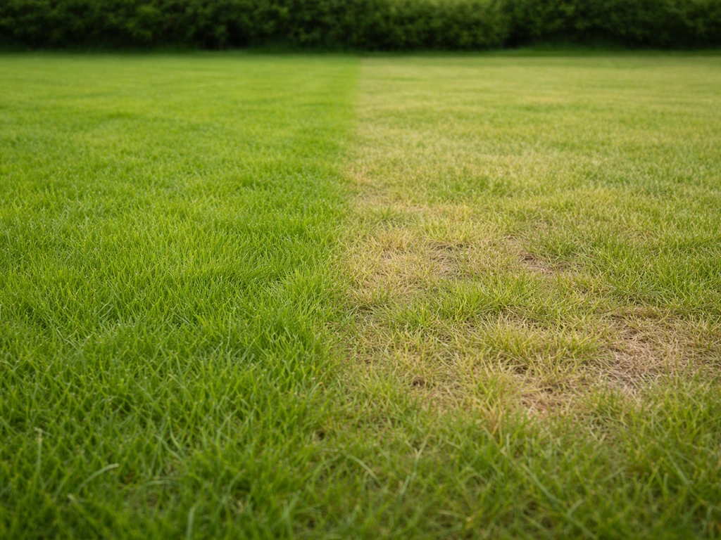 Grasveld met twee duidelijke zones: dicht, groen gras en een paarse/geelige plek die stikstofstress suggereert.