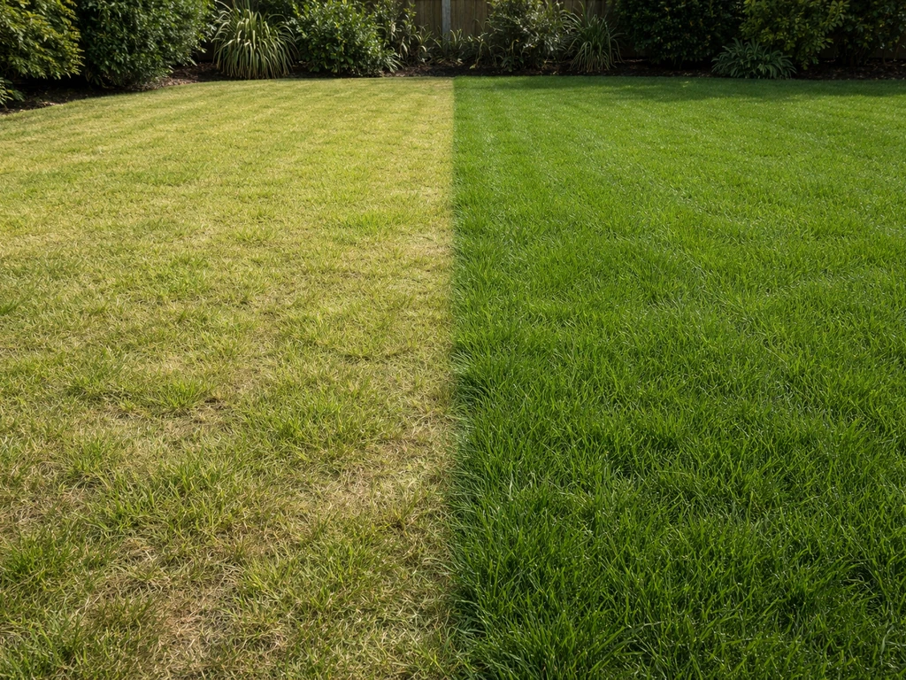 Vergelijking van twee grasstroken: licht/geelgroen voor stikstoftekort en donker/groen voor teveel.