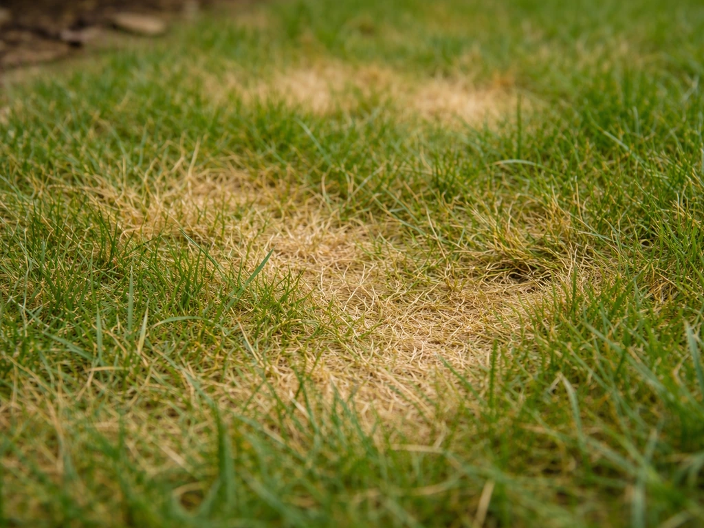 Close-up van gras met gele en bruinachtige vlekken en slappe, neerliggende sprieten na bemesting