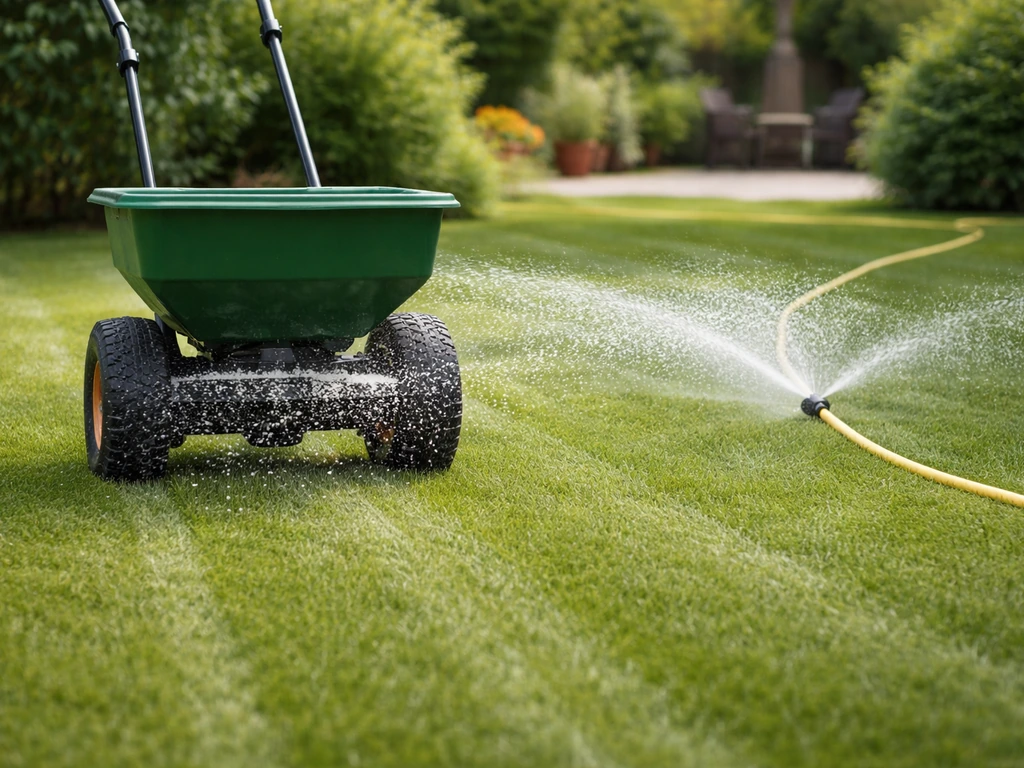 Gegaaid gras van 4-5 cm met een meststrooier die mest in rechte banen uitwerpt en direct water geeft