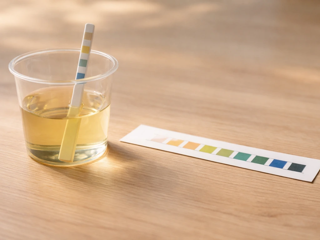 Teststrip in mengmonster, daarna naast kleurenkaart onder daglicht om kleur af te lezen