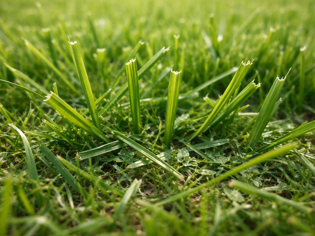Close-up van vers gemaaid gras met doorgesneden grassprietjes en klein maaisel dat plat op de grond ligt.