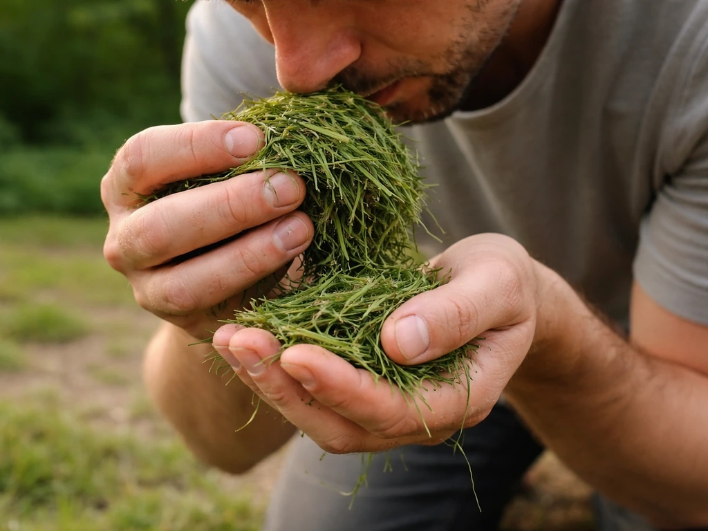 Anonieme persoon ruikt en inspecteert een handvol maaisel in een tuin, om de geurbron te bepalen.