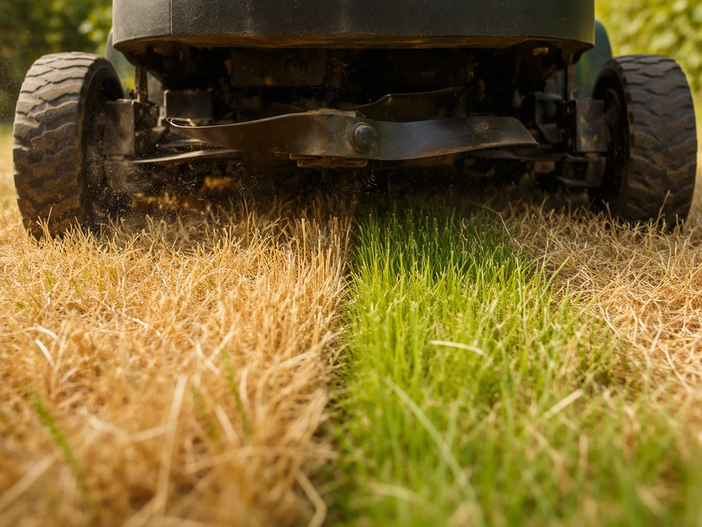 Maaimachine die droog gras maait met scherpe meswerking, close-up van grasstengels direct onder de snijlijn