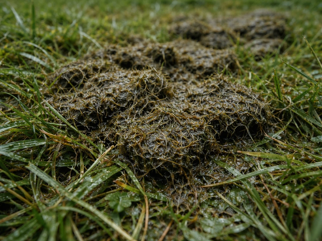 Close-up van nat, dik gemaaid gras dat klit en een compostachtige rottende massa vormt in de grasmat.