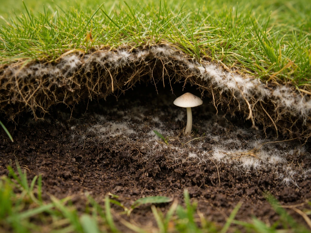 Close-up van opgetilde graszode met donkere, verdichte bodem, viltige schimmelachtige aanslag en een kleine paddenstoel.