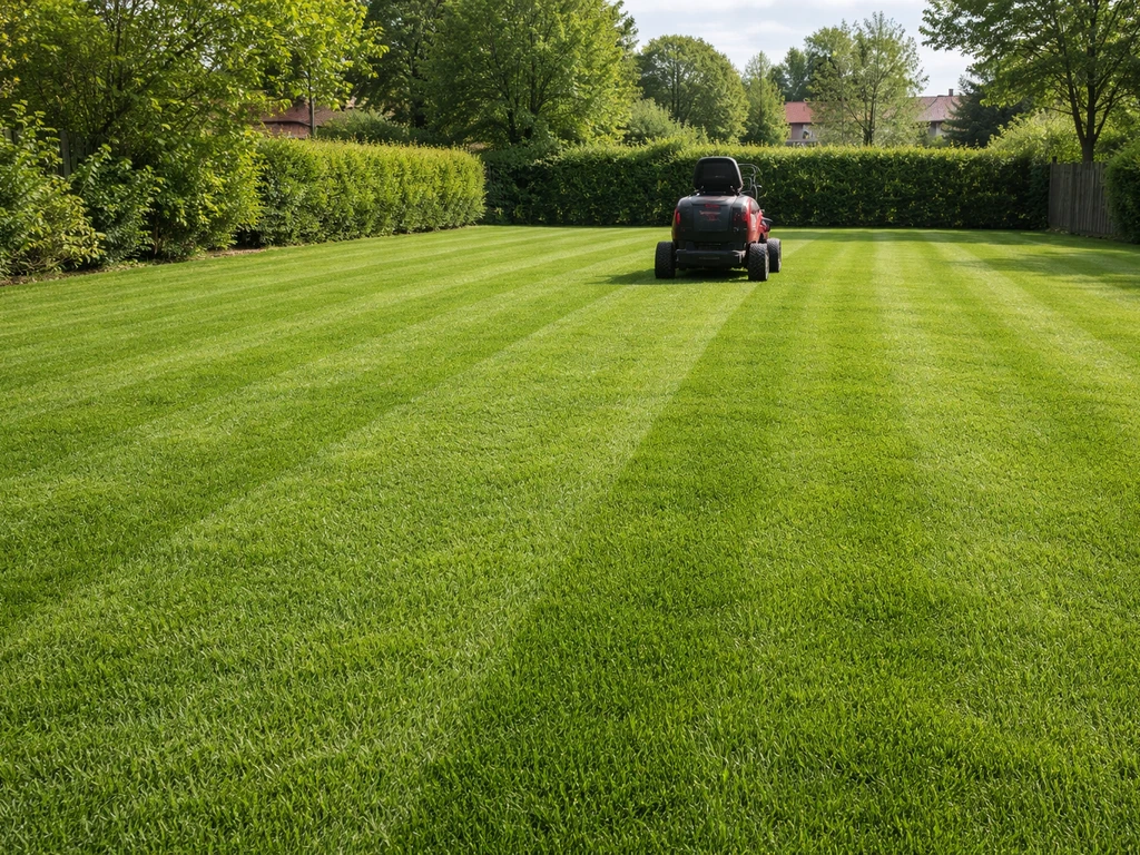 Grasveld met een gazonmaaier die net achterblijvende snijhoogte toont, bij daglicht in Nederland.