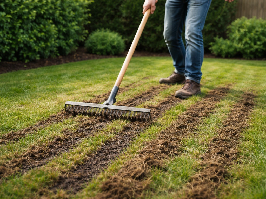 Man belucht of verticuteert een gazon, met opengewerkte bodem en zichtbare lucht en grond tussen het gras.