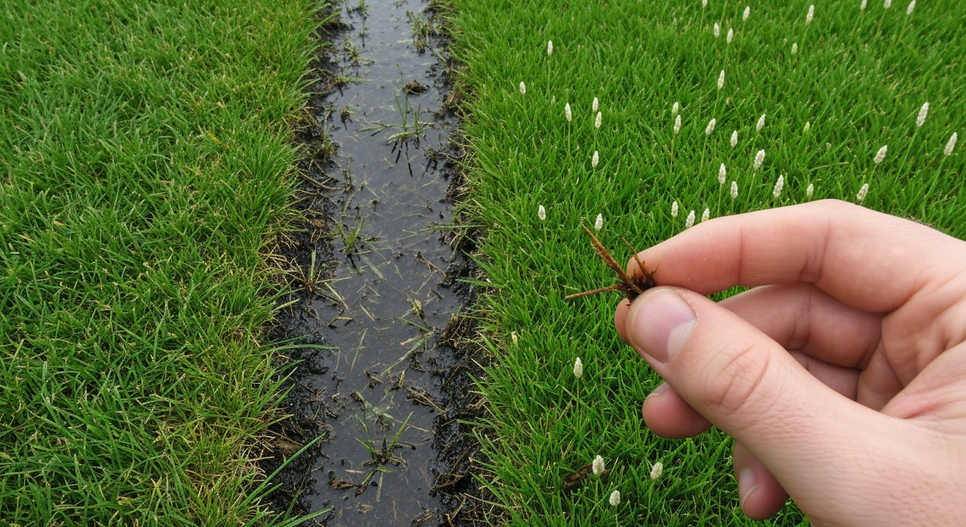 Gazon met waterige donkergroene plekken en opgeheven zode met bruine wortels — voorbeeld van omvalziekte.