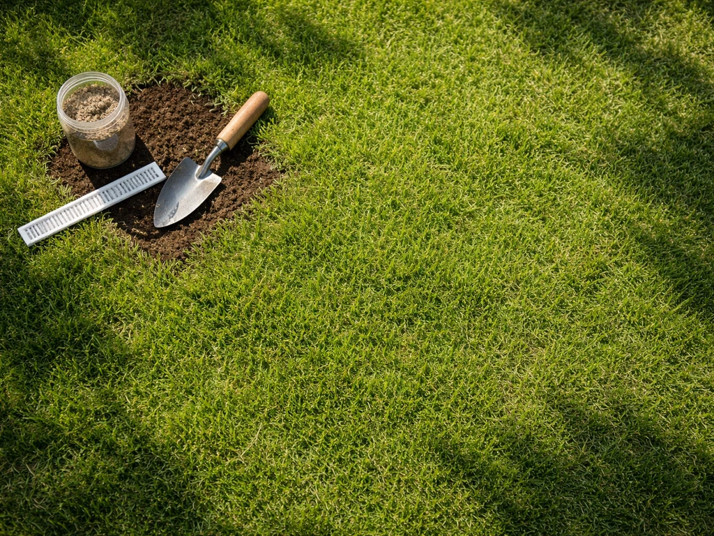 Gezond groen gazon van bovenaf met een kleine pot grond en meetstokje die pH meten symboliseren