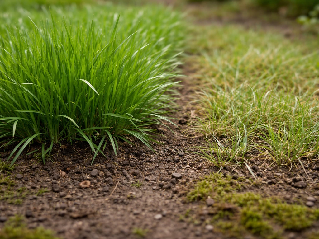 Close-up van gezond groen gras naast schraler gras op dezelfde bodem, subtiel groeiverschil door pH.