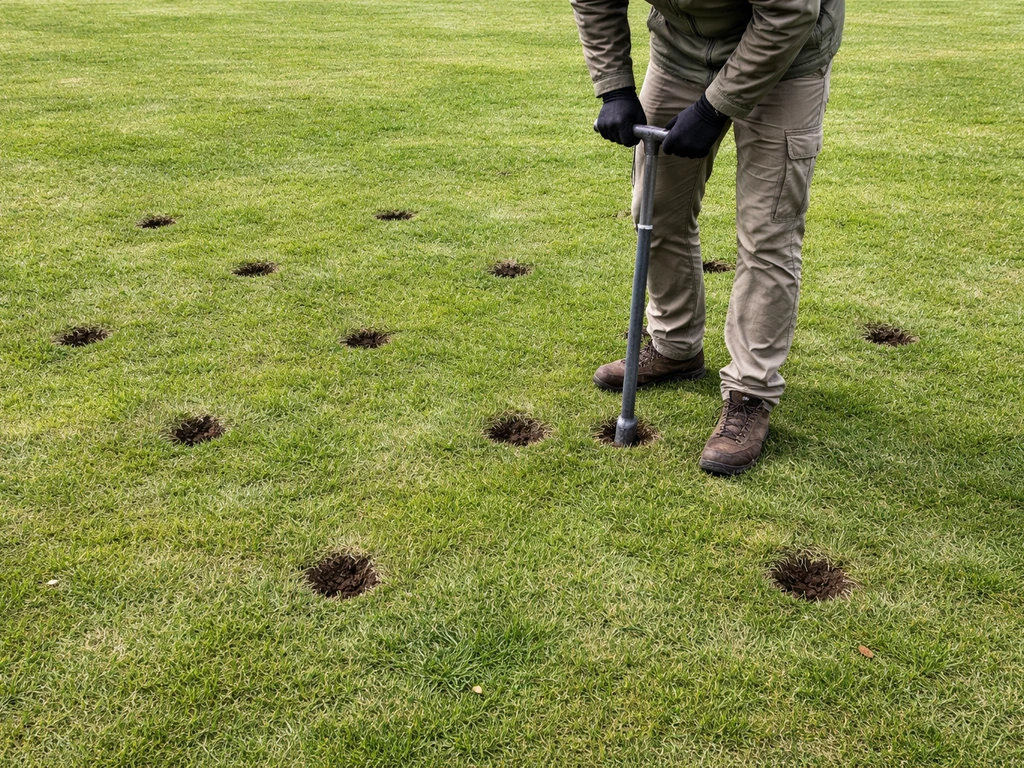 Persoon neemt grondmonsters uit het gazon met een steekspade/grondboor, meerdere verspreide steekpunten.