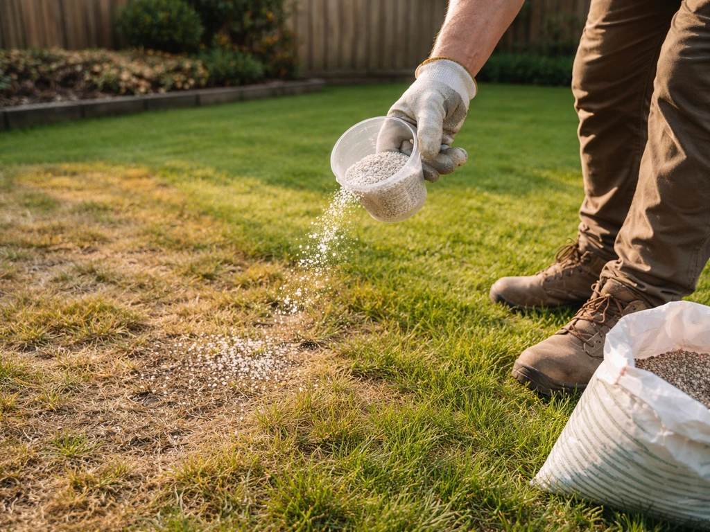 Handen en handschoenen strooien kalkkorrels op gazon met gele, arme plekken in de tuin.
