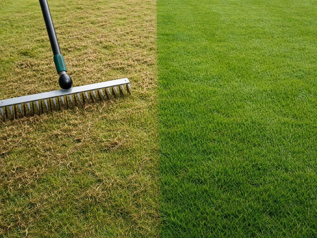 Links verticuteren op het gazon, rechts een rustige, egaal groene strook als scheiding voor de rustperiode.