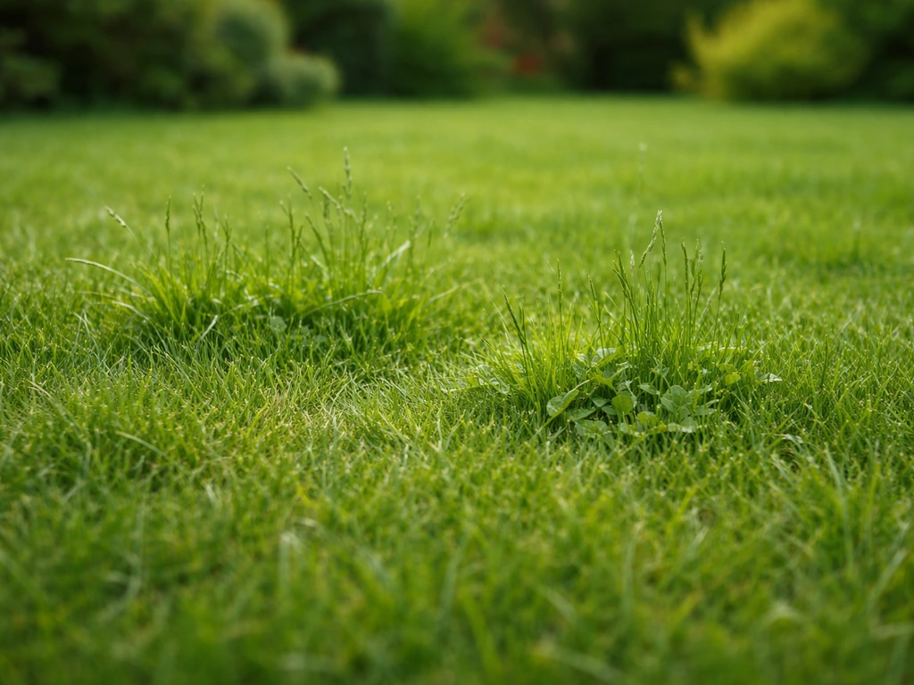 Close-up van wild gras tussen het gazongras in een Nederlands gazon, met zichtbaar kleur- en structuurverschil.