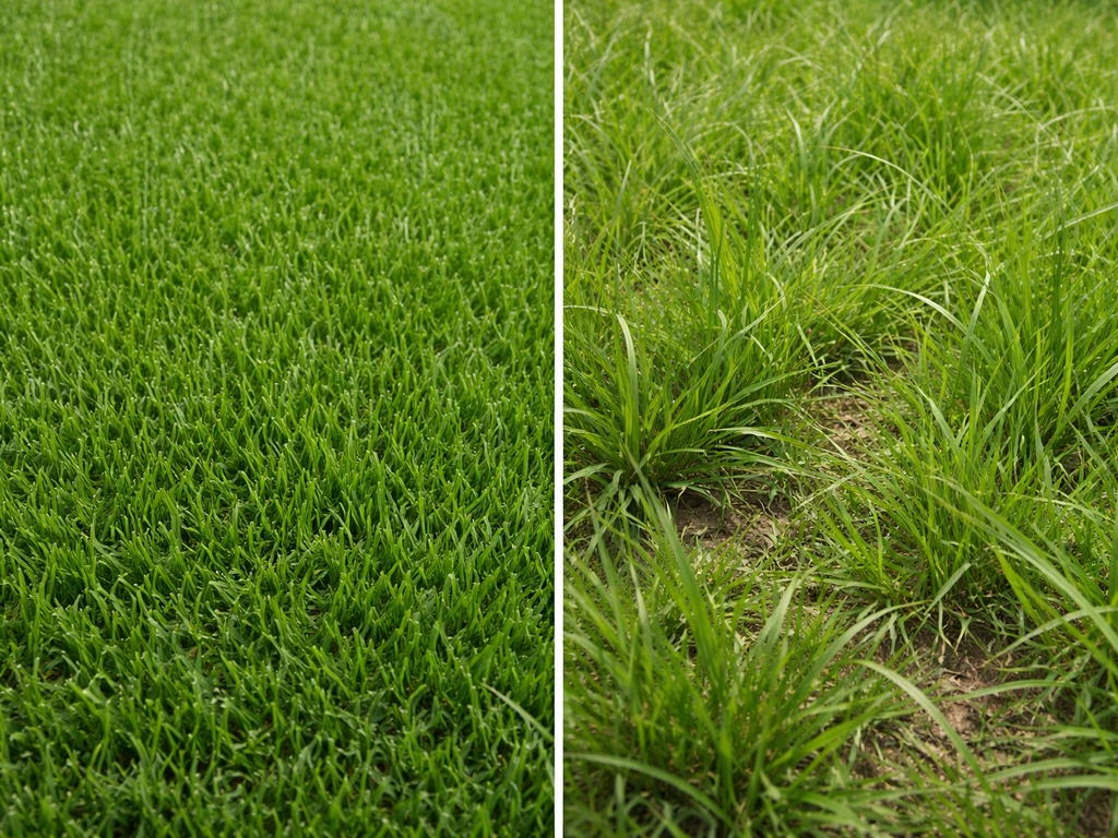 Close-up vergelijking van normaal gazongras links en wild gras rechts, met verschil in blad en kleur.