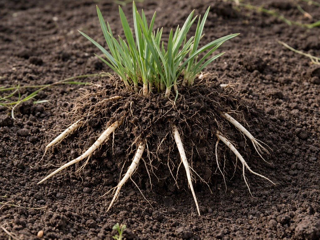 Uitgegraven kweekgras-kluit met grijsgroene bladeren en zichtbare witte, scherpe rhizomen in de aarde.