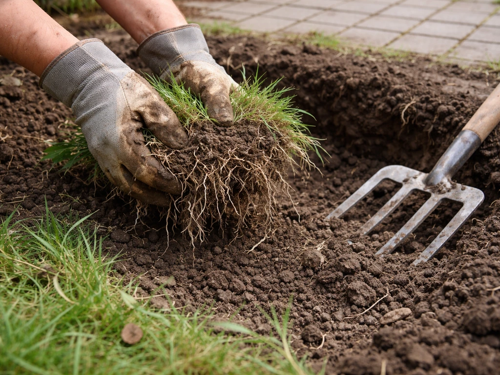 Handen met grondvork en schop die een wortelkluwen kweekgras uit een kuil trekken.