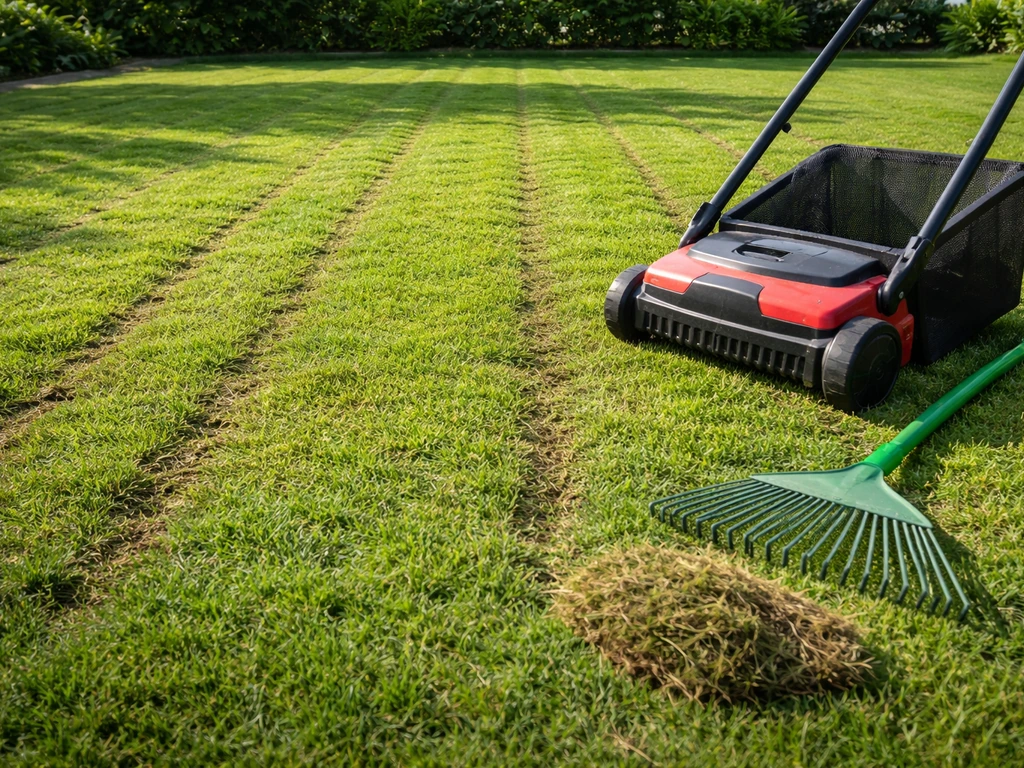 Gazon ‘op orde’ met verticuteerhark en zichtbare viltlaag, klaar voor bemesting en herstel.