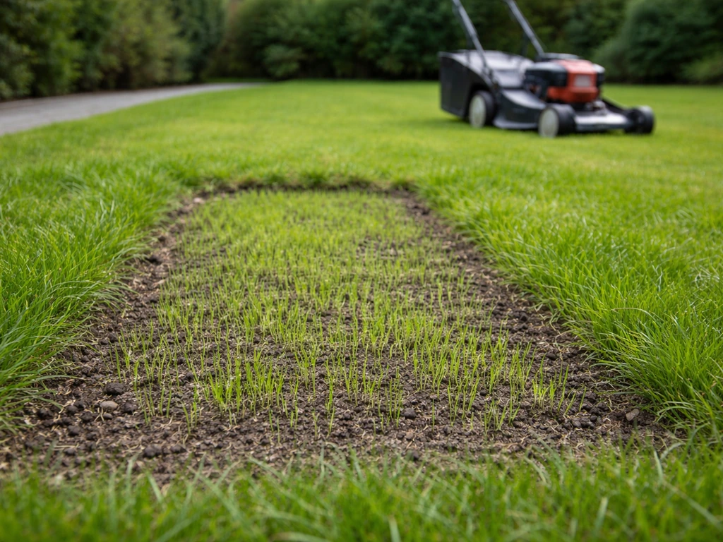 Groen opgekomen gras bij een herstelde plek, met een grasmaaier in de achtergrond en mestvrije nazorgsfeer.