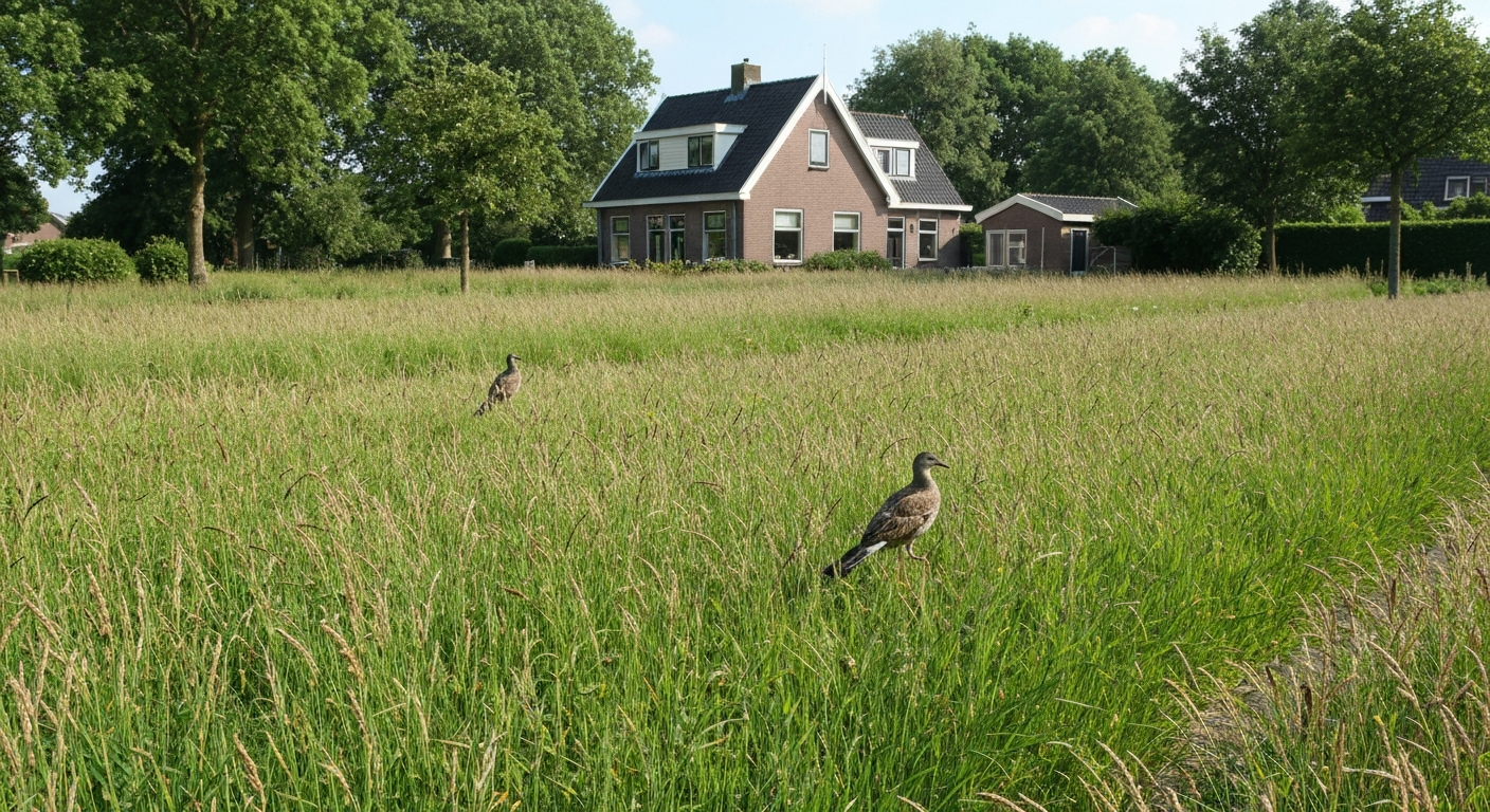 Nederlandse achtertuin met losse zode en kraaien die in het gazon foerageren; duidelijke 'kraaienpoten' schade.
