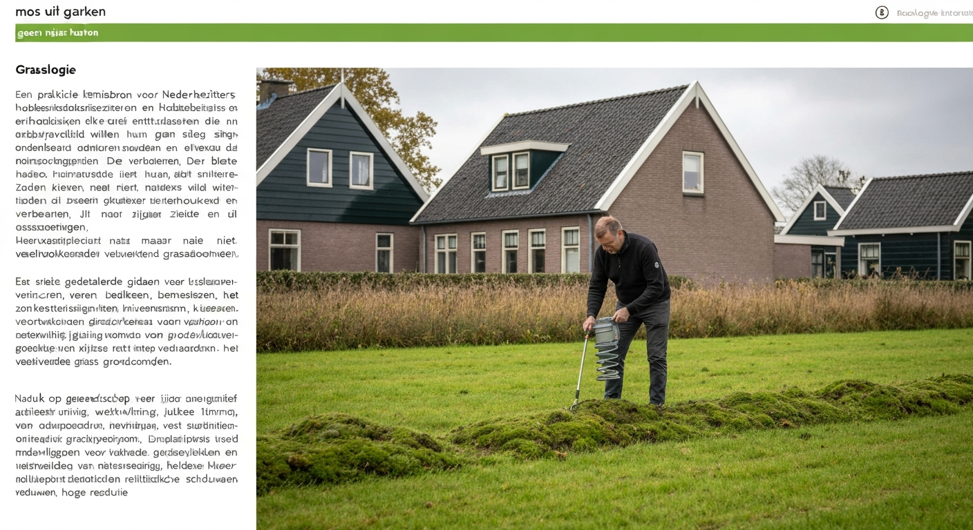 Persoon (rug naar camera) harkt mos uit een Nederlands gazon met een springtandhark in vroeg najaar.