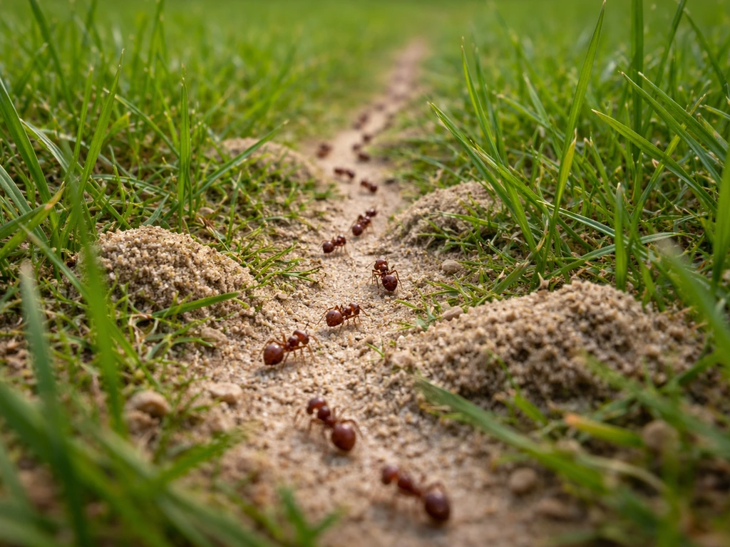 Close-up van rode mieren in het gazon met mierenpad en kleine zandhoopjes in het gras.