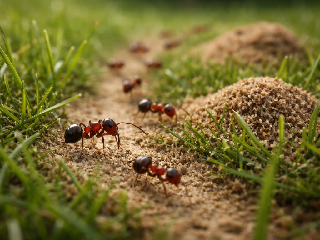 Close-up van rode mieren in het gazon met zandhoopjes en een zichtbaar mierenpad tussen grassprieten.