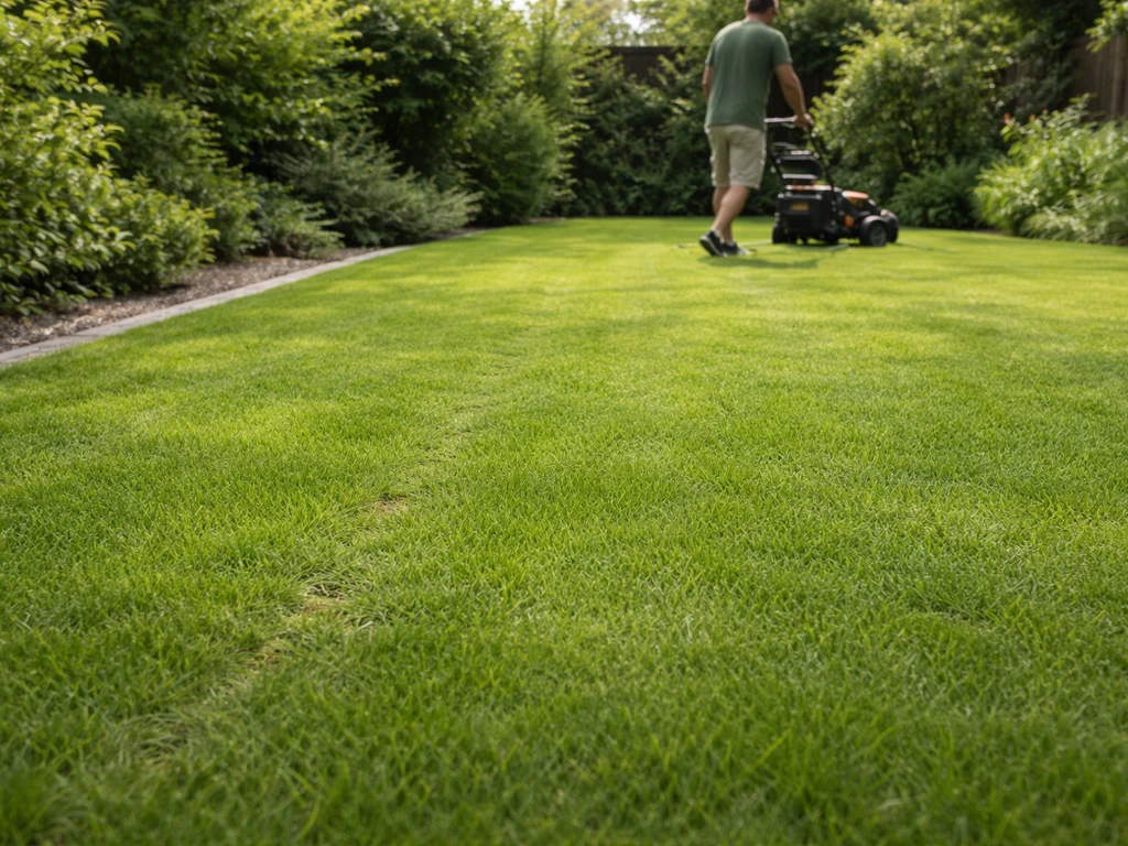 Tuinier maait het gazon met hogere maaihoogte; gesloten grasmat en minder kale plekken bij vroeg mierenpad.