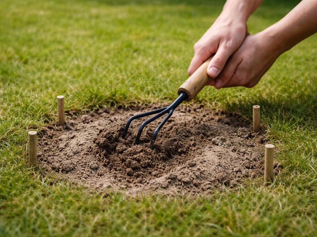 Handen met tuinhark verstoren gericht een zandhoopje in het gazon, alleen één afgebakende nestplek.