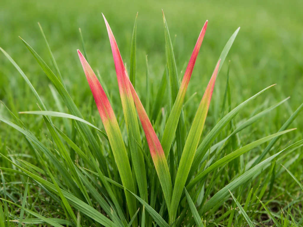Close-up van Engels raaigras met roze-rode verkleuring aan de grassprieten tegen een egale achtergrond.