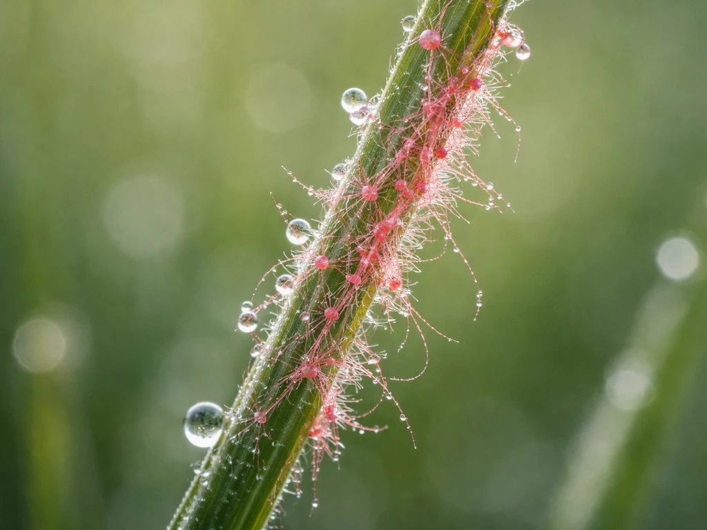 Close-up van roze tot rode schimmel-draadjes op en rond grassprieten, met kleine stromatische structuren