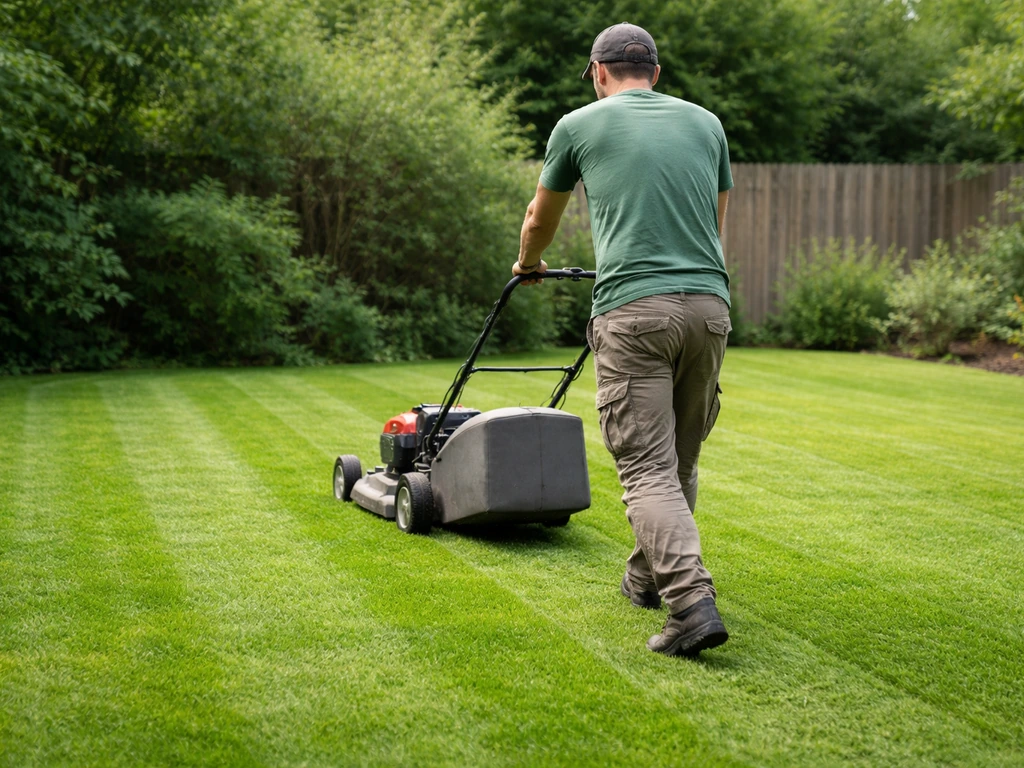 Tuinier maait het gras; het gemaaide gras oogt op ca. 4–5 cm voor directe schadebeperking.