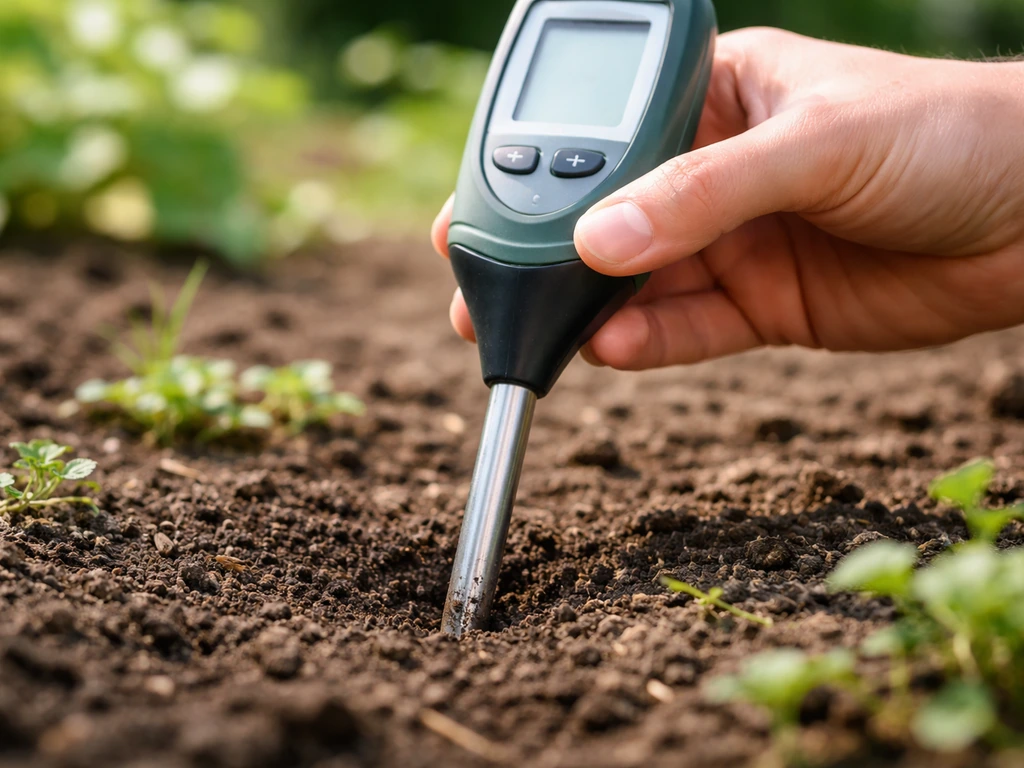 Hand met pH-bodemtestkit die de meetsonde op 5–8 cm in de grond duwt, dicht op de bodem.